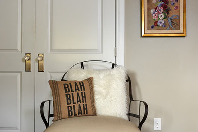 Hallway - mid-sized transitional carpeted hallway idea in Boise with gray walls