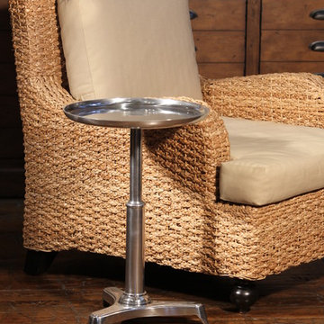 Polished Nickel Finish Side Table with Wicker-Weave Cushioned Side Chair for Con