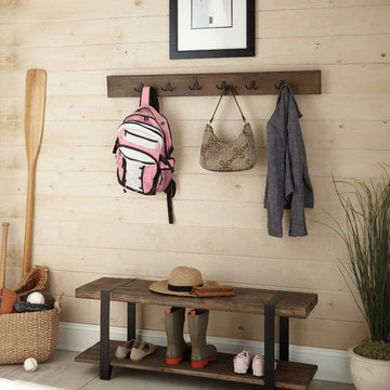 Rustic Beach House Mudroom with Reclaimed Coat Hooks and Bench