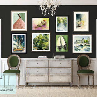 Rustic Chic Hallway with Dark Walls and Colorful Salon Style Art Display