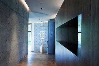 Стильный дизайн: большой коридор в современном стиле с белыми стенами, бетонным полом и коричневым полом - последний тренд