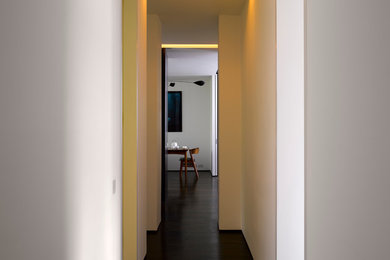 Ejemplo de recibidores y pasillos actuales con paredes blancas y suelo de madera oscura