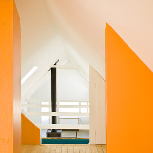 Inspiration pour un couloir nordique avec un mur orange et un sol en bois clair.