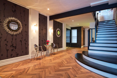 Diseño de recibidores y pasillos contemporáneos con paredes negras, suelo de madera en tonos medios y suelo marrón