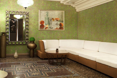 Ejemplo de recibidores y pasillos eclécticos extra grandes con paredes verdes y suelo de baldosas de cerámica