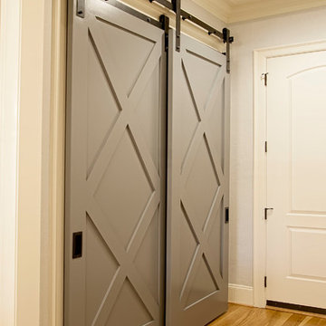 White Transitional Kitchen Featuring Custom Barn Door