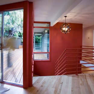 Esempio di un ingresso o corridoio design con pareti rosse e parquet chiaro