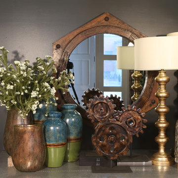 Wooden Framed Mirror with Gold Accent Tabletop Lamp and Vases