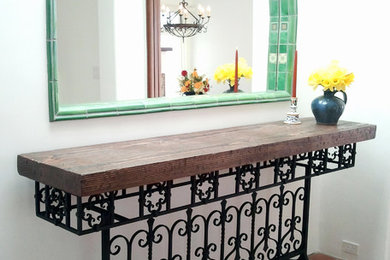 wrought iron table with distressed wood top