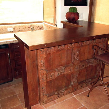 Antique Carved Mahogany Wood Panel and Copper Countertop for Mexican Style Bar