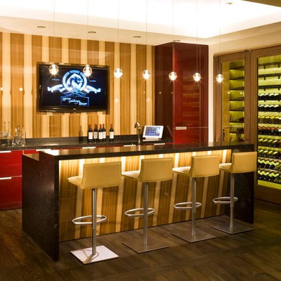 Example of a trendy galley dark wood floor seated home bar design in Denver with flat-panel cabinets and red cabinets