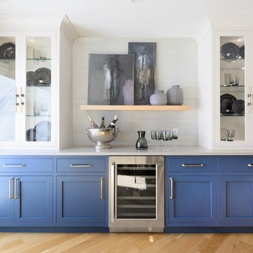 Blue & White Transitional Kitchen: Beverage & Display Wall