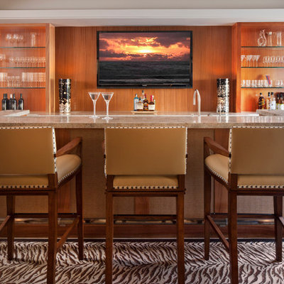 Seated home bar - large contemporary galley seated home bar idea in Los Angeles with shaker cabinets and medium tone wood cabinets