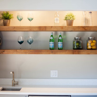 Foto de bar en casa con fregadero lineal, minimalista, de tamaño medio, con fregadero bajoencimera, armarios abiertos, puertas de armario de madera oscura y encimera de mármol