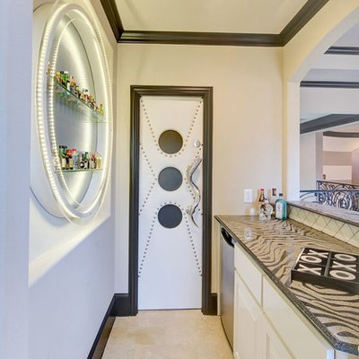 Example of a trendy single-wall home bar design in Dallas with raised-panel cabinets and white cabinets