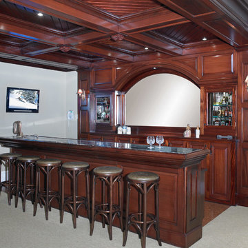 Cherry wood bar with coffered ceiling canopy