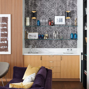 Ejemplo de bar en casa con fregadero lineal, contemporáneo, con fregadero bajoencimera, armarios con paneles lisos, puertas de armario de madera clara, salpicadero multicolor, suelo de madera oscura y encimeras multicolor