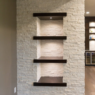 Inspiration for a huge contemporary single-wall light wood floor wet bar remodel in Chicago with an undermount sink, shaker cabinets, dark wood cabinets, granite countertops, white backsplash and stone tile backsplash