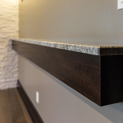 Huge trendy single-wall light wood floor wet bar photo in Chicago with an undermount sink, shaker cabinets, dark wood cabinets, granite countertops, white backsplash and stone tile backsplash