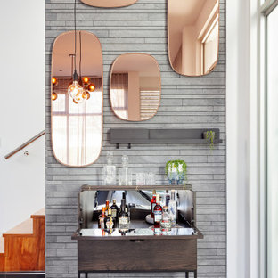 This is an example of a contemporary bar cart in Melbourne with flat-panel cabinets, dark wood cabinets, medium hardwood floors and brown floor.