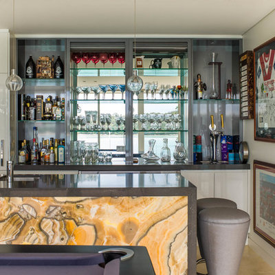 Trendy galley beige floor wet bar photo in Sydney with an undermount sink, flat-panel cabinets and white cabinets