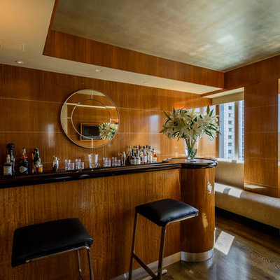 Trendy single-wall dark wood floor seated home bar photo in San Francisco with granite countertops