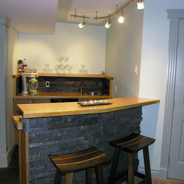 Custom Wood and Stone Basement Wet Bar & Custom Bar Stools