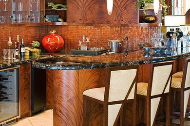 Seated home bar - large contemporary ceramic tile and beige floor seated home bar idea in San Diego with an undermount sink, flat-panel cabinets, medium tone wood cabinets, brown backsplash and mosaic tile backsplash