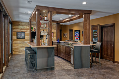 Example of a large transitional galley brown floor and vinyl floor seated home bar design in Minneapolis with an undermount sink, shaker cabinets, medium tone wood cabinets, wood countertops, brown countertops, brown backsplash and wood backsplash