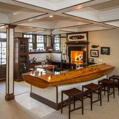 Inspiration for a large coastal u-shaped porcelain tile seated home bar remodel in Chicago with open cabinets, dark wood cabinets, wood countertops, white backsplash, wood backsplash and brown countertops
