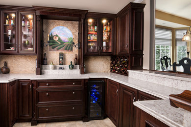 Inspiration for a large timeless u-shaped ceramic tile and brown floor wet bar remodel in Orange County with no sink, beaded inset cabinets, dark wood cabinets, quartzite countertops, brown backsplash and stone tile backsplash