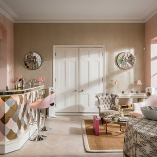 Photo of a medium sized bohemian breakfast bar in Hampshire with light hardwood flooring and beige floors.