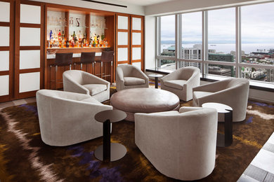 Seated home bar - modern single-wall limestone floor seated home bar idea in San Francisco with recessed-panel cabinets, medium tone wood cabinets, marble countertops, multicolored backsplash and glass sheet backsplash