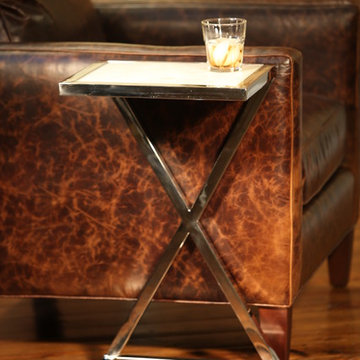 Geometric, Nickel Finished Side Table with Leather Chair for Basement Bar, Manca
