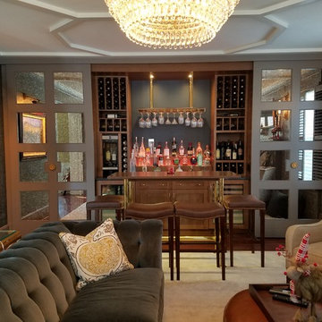 Hidden Bar with Movable Antiqued Mirror Doors in Music Room