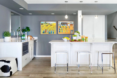 Example of a transitional l-shaped gray floor seated home bar design in Minneapolis with an undermount sink, shaker cabinets, white cabinets and white countertops