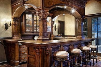 Seated home bar - large traditional single-wall medium tone wood floor and brown floor seated home bar idea in New York with an integrated sink, open cabinets, medium tone wood cabinets, wood countertops, brown backsplash, wood backsplash and brown countertops
