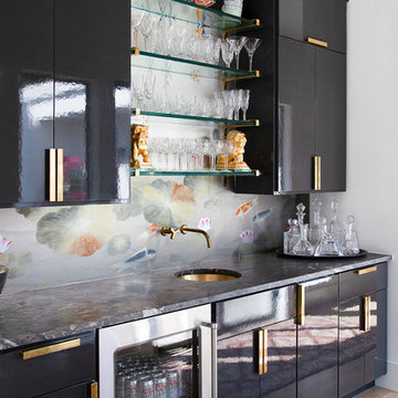 Home Bar with Koi Wallpaper Backsplash and Black High Gloss Cabinets