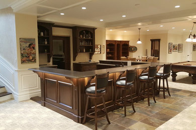 Example of a large trendy u-shaped ceramic tile and brown floor seated home bar design in New York with open cabinets and dark wood cabinets