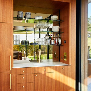 Diseño de bar en casa con fregadero lineal, retro, con fregadero bajoencimera, armarios con paneles lisos, puertas de armario de madera oscura, salpicadero con efecto espejo, suelo de madera en tonos medios y encimeras blancas