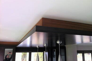 Diseño de bar en casa con barra de bar moderno de tamaño medio con armarios tipo vitrina y puertas de armario de madera en tonos medios