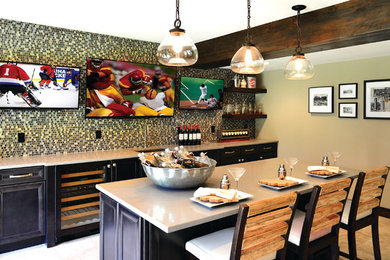 Example of a large trendy galley ceramic tile and beige floor seated home bar design in Detroit with an undermount sink, recessed-panel cabinets, dark wood cabinets, quartz countertops, multicolored backsplash and mosaic tile backsplash