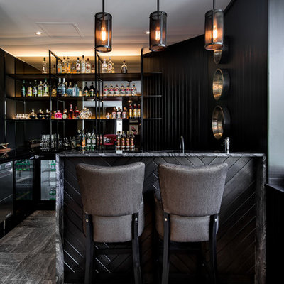 Inspiration for a mid-sized contemporary l-shaped ceramic tile and gray floor seated home bar remodel in Perth with open cabinets, black cabinets, marble countertops and black backsplash