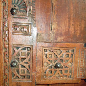 Intricate Mexican Carving in Mahogany Panels with Iron Clavos (decorative nails)