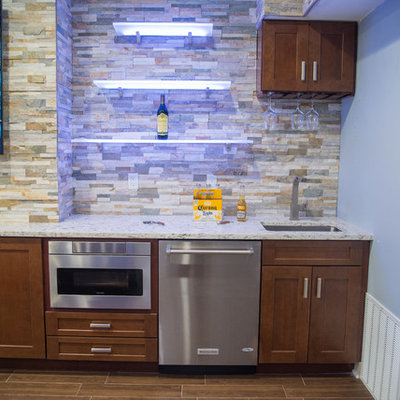 Wet bar - large contemporary galley porcelain tile wet bar idea in New York with an undermount sink, shaker cabinets, dark wood cabinets, granite countertops, multicolored backsplash and stone tile backsplash