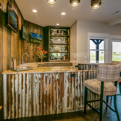 Seated home bar - mid-sized rustic u-shaped seated home bar idea in Other with an undermount sink, open cabinets, dark wood cabinets, granite countertops, brown backsplash, wood backsplash and brown countertops
