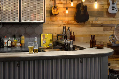 Design ideas for a medium sized urban l-shaped home bar in Vancouver with a submerged sink, concrete worktops, grey splashback, porcelain splashback, carpet and grey floors.
