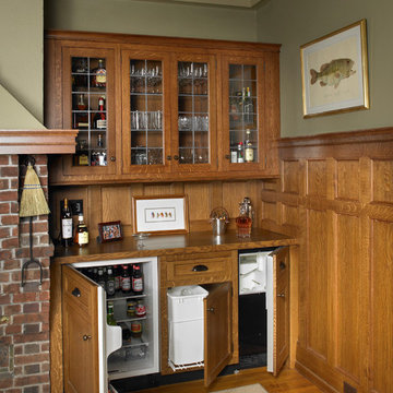 Oak bar tucked in corner niche