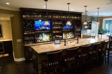 Seated home bar - huge contemporary u-shaped seated home bar idea in New York with an undermount sink, open cabinets and dark wood cabinets