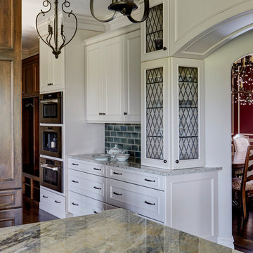 Oven Wall with Custom Leaded Glass Cabinetry